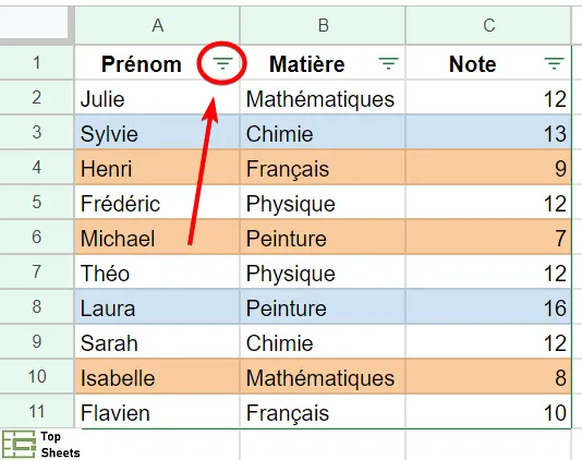 Cliquez sur l'icône de filtre dans l'en-tête