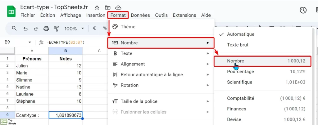 Cliquez sur l'option Nombre pour afficher seulement deux décimales
