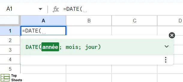 Commencer à saisir la fonction DATE dans la cellule