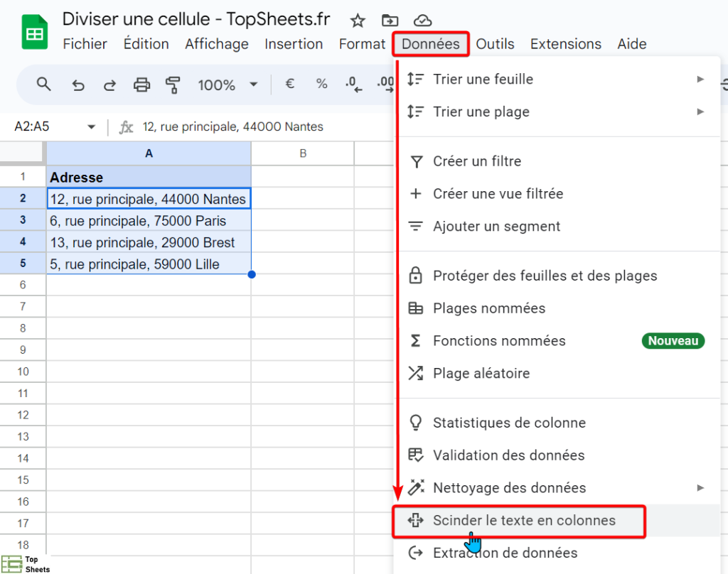 Comment diviser des cellules dans Google Sheets