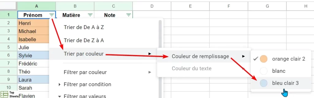 Ensuite trier par couleur bleue dans Google Sheets