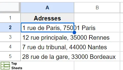 Exemple de données pour créer une macro de retour à la ligne dans Google Sheets