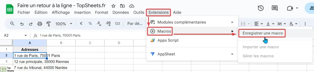 Extensions + Macro + Enregistrer une macro