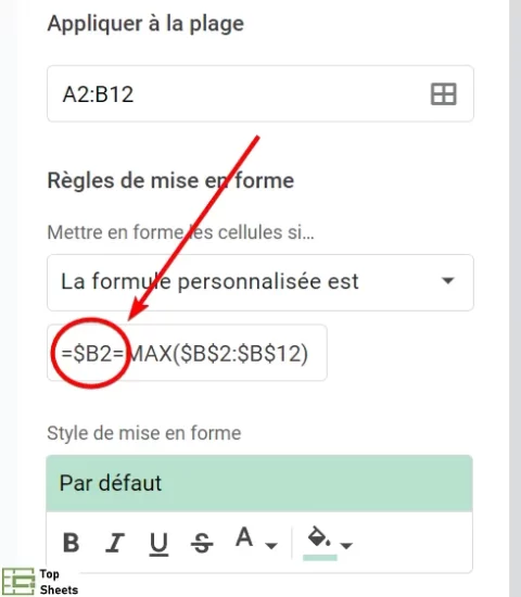 Formule pour mettre en évidence la ligne dans laquelle se trouve la valeur la plus élevée