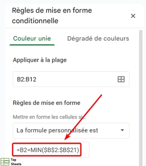 Formule pour mettre en évidence la valeur la plus petite