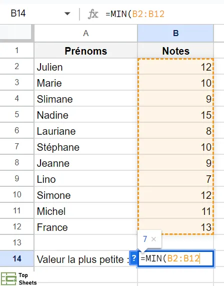 Sélectionner la plage de cellules pour la fonction MIN