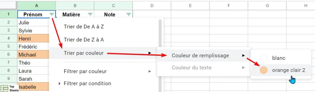 Sélectionnez la couleur avec laquelle vous souhaitez faire le tri
