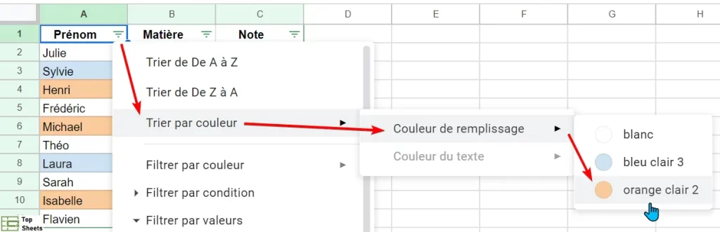 Trier par couleur orange en premier dans Google Sheets