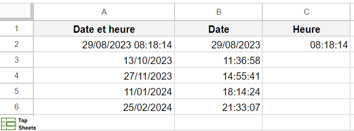 Utiliser scinder le texte en colonnes pour diviser la date et l'heure
