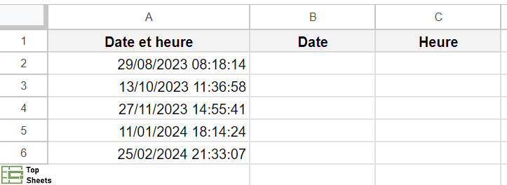 exemple de feuille de calcul pour séparer la date et l'heure