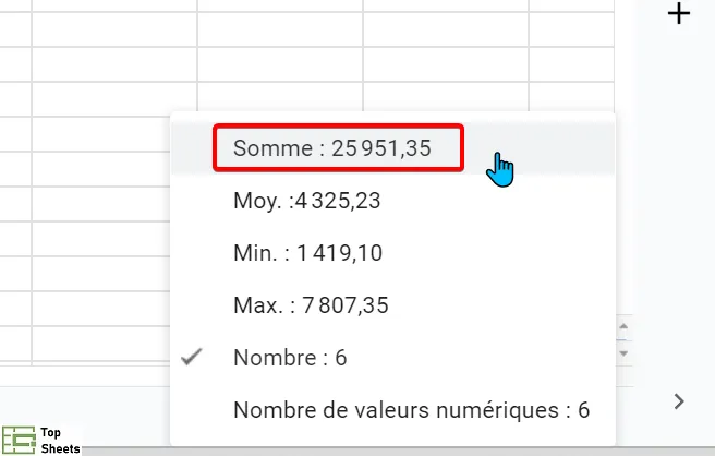 La somme de la plage de cellules est disponible dans le coin inférieur droit de l’écran