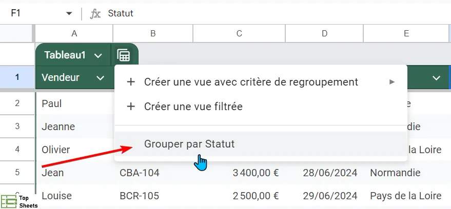 Vues par critères de regroupement dans le menu Vues