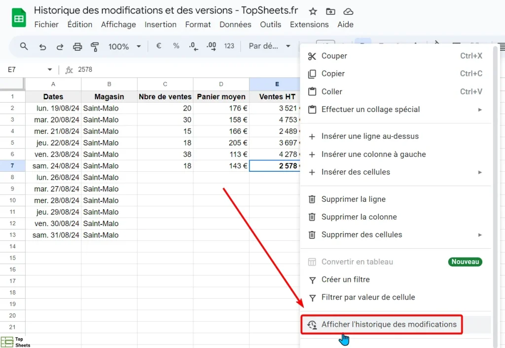 Afficher l’historique des modifications d’une cellule dans Google Sheets