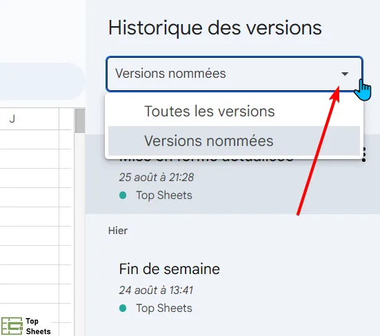 N’afficher que les versions nommées dans Google Sheets