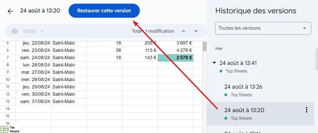 Restaurer une version précédente dans Google Sheets