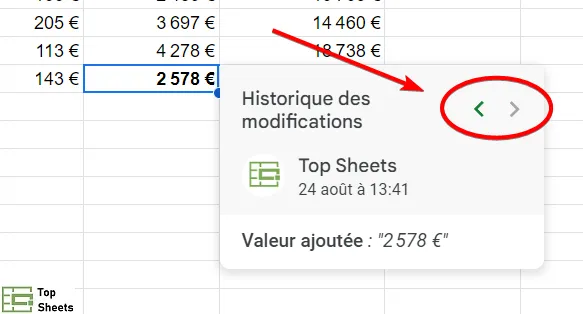 Voir l’historique des modifications grâce aux flèches