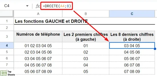La fonction DROITE pour extraire les caractères à DROITE