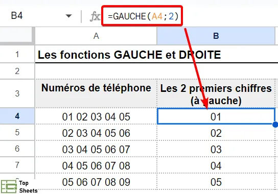 Un exemple avec le fonction GAUCHE