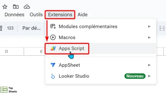 Cliquez sur le menu Extensions puis sur Apps Script