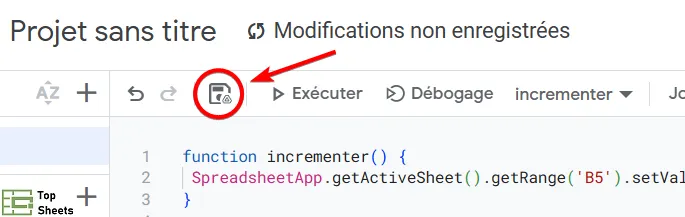 Enregistrer le script pour le bouton toupie dans Google Sheets