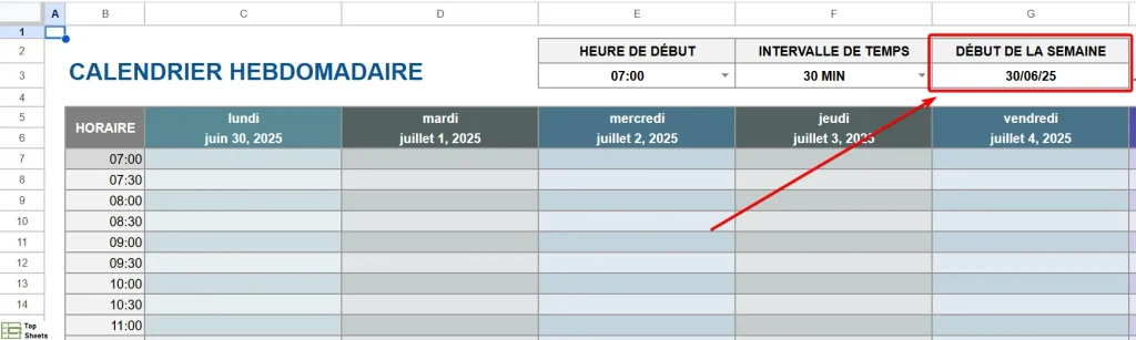 La date de début de la semaine du planning hebdomadaire