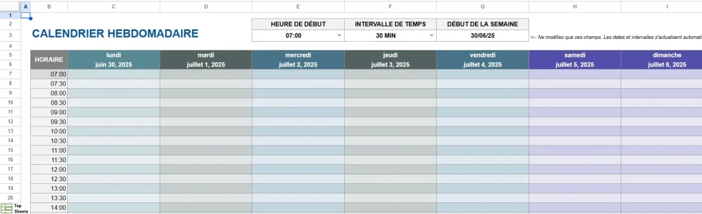 Planning hebdomadaire dans Google Sheets