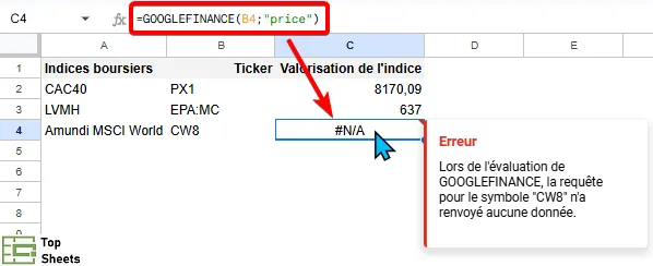 La fonction GOOGLEFINANCE ne fonctionne pas