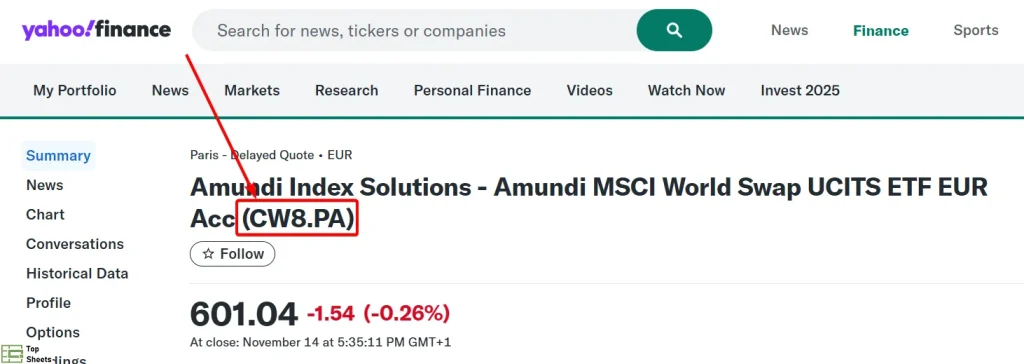 Le ticker Yahoo finance à utiliser