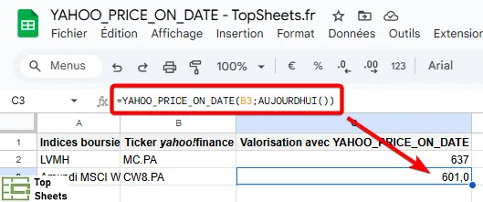 Utiliser la fonction YAHOO_PRICE_ON_DATE