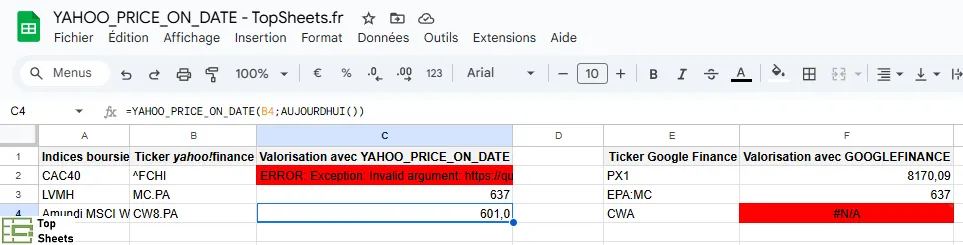 Choisir entre YAHOO_PRICE_ON_DATE et GOOGLEFINANCE
